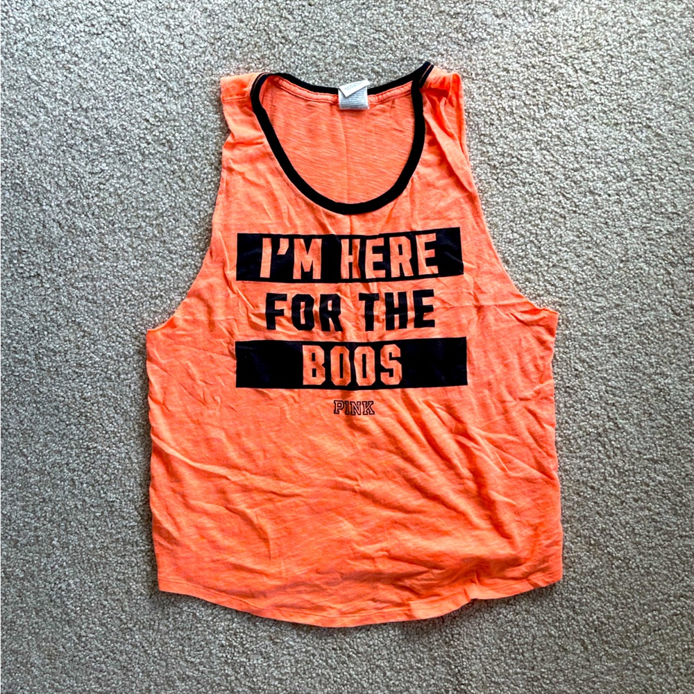 VS PINK Neon Orange Halloween "I'm Here For The Boos" Muscle Tank Small